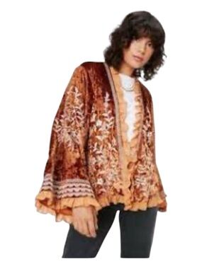 Nasty Gal burnt orange velvet kimono-style jacket bohemian retro style size 2 sm